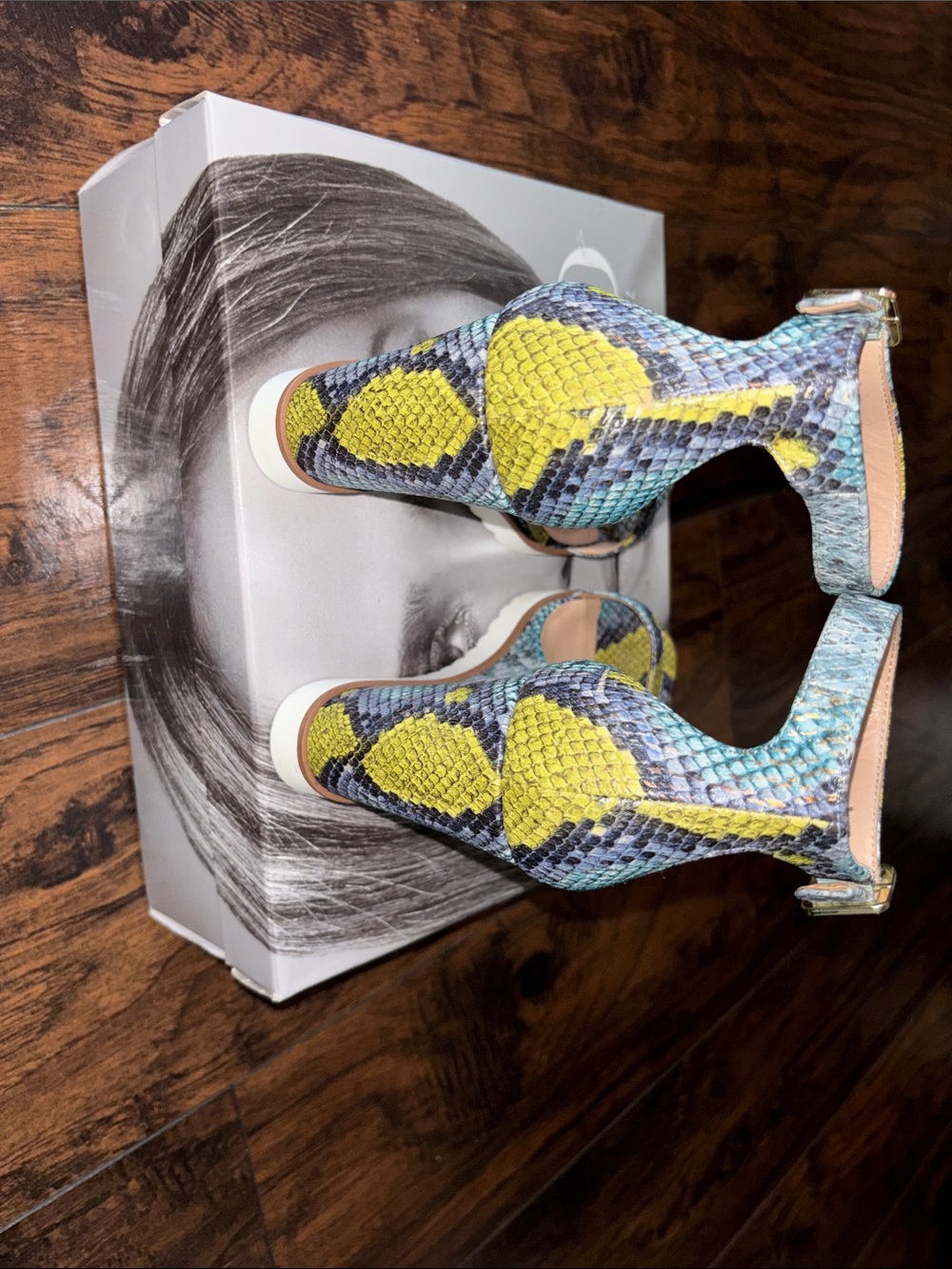 Jennifer Lopez Yellow & Blue Snake-Print Ankle Strap Sandals - Picture 6 of 7